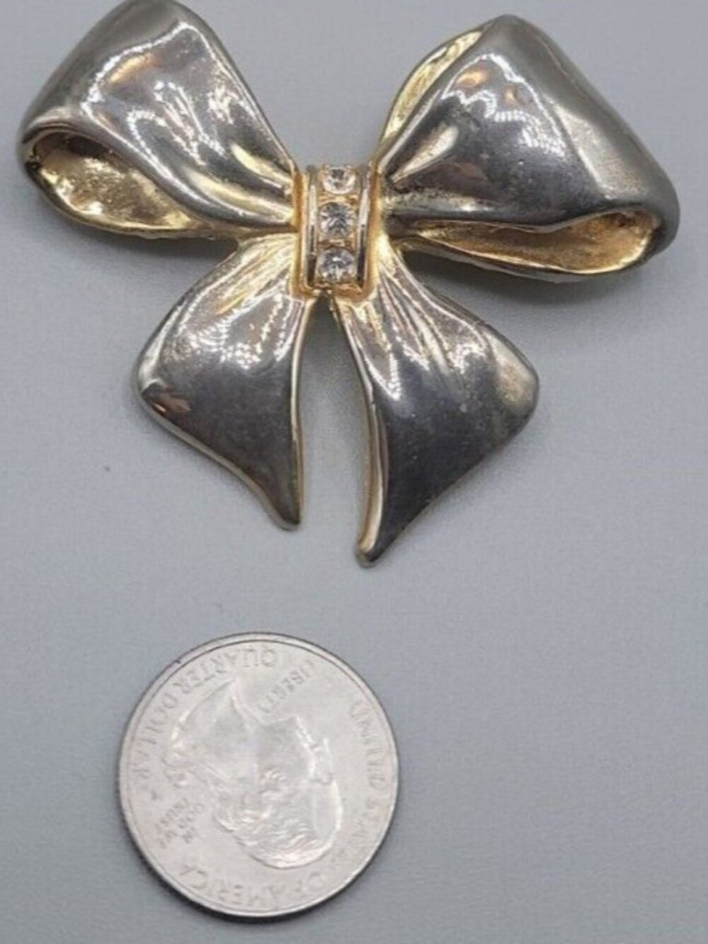 Rhinestone Bow Brooch Pin Gold Tone Vintage Heavy High Quality Estate